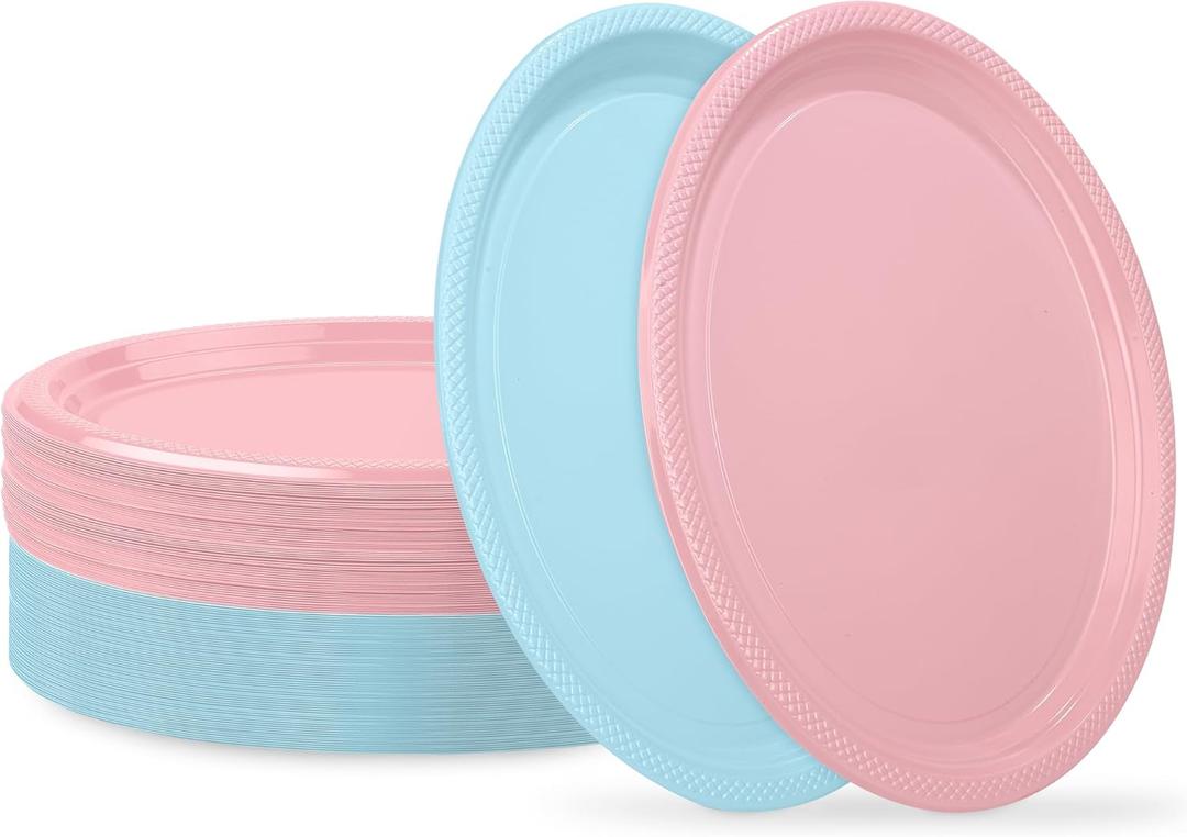 Aodaer 36 Pack Gender Reveal Disposable Plates For Party 10 x 12 Inch Baby Shower Tableware Light Pink & Light Blue Plastic Oval Plates for Baby Shower Gender Reveal Wedding Birthday Party Decor