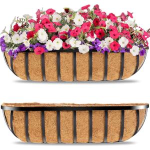 Y&M 30-Inch Window Planter Box 2Pcs Iron Deck Railing With Coco Liner, Metal Horse Troughs for Outdoor Balcony Rail Fence Porch Patio
