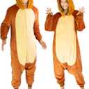 Funziez! Adult Onesie Halloween Costume Animal Dinosaur Shark Unisex Plush One Piece Cosplay Suit for Adults, Men and Women (Large, Lion)