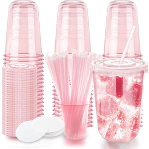 16oz Disposable Stemless Glasses with Flat Lids and Straws,PET Disposable Drinking Cups,Clear Plastic Wine Glasses for Parties Birthday,Wedding,Meeting,Christmas Party Supplies. (50, Pink)