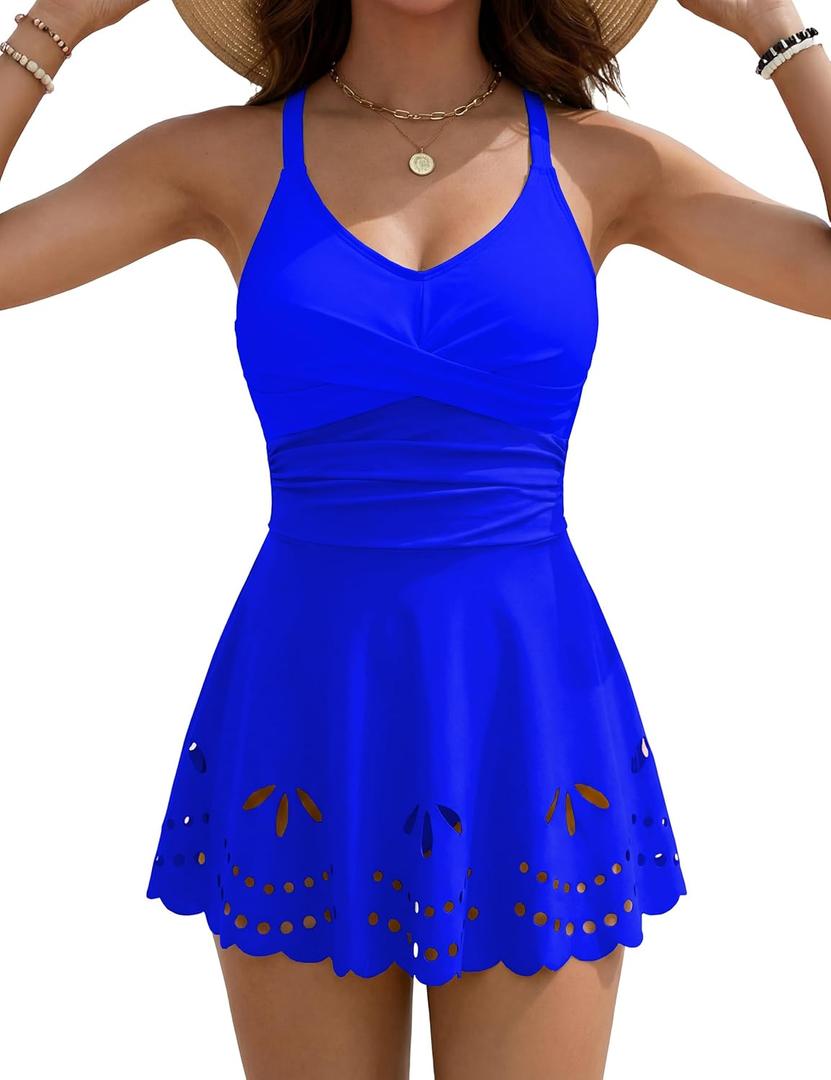 Womens Tankini Swimsuits Tummy Control Bathing Suit Twist Front Cutout Swim Dress with Bikini Bottoms (Blue, L)