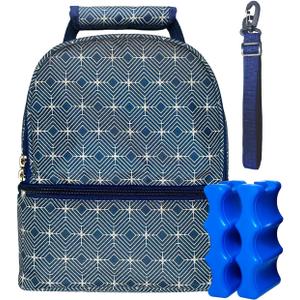 Insulated Breast Milk Cooler Bag Fits 6 Bottles -Includes 2 Ice Packs Dual Zipper Compartments - Detachable Strap - 9.4"x6.7"x10.6" Blue Geometric Design - Portable & Durable