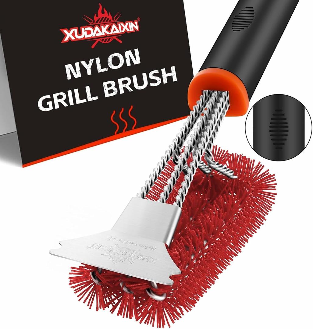 XUDAKAIXIN Grill Brush and Scraper, Safe Nylon Bristles Barbecue Outdoor Grill Brush for Cooled Grates, Extra Strong BBQ Cleaner Accessories(Red)
