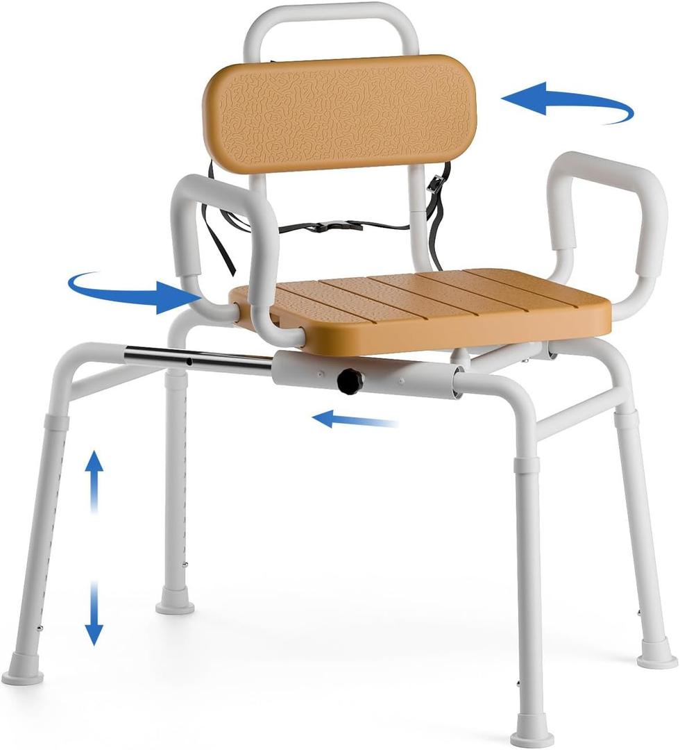 Loyoda Sliding Shower Chair with Swivel Seat, Slide Bathtub Transfer, for Elderly and Disabled, with Security Belt, 360 Rotation, Slides and Rotates, Adjustable Height,350lb Capacity, Brown