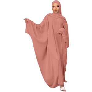 IKADEX Muslim Dress for Women Pakistani Kaftan Abaya Robe + Hijab Arabic Islamic Prayer Clothes Dubai Outfits (One Size, Pink Set)