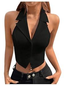 SOLY HUX Women's Halter V Neck Vest Button Down Backless Crop Tank Tops Sleeveless Blazer Waistcoat Plain Black Small