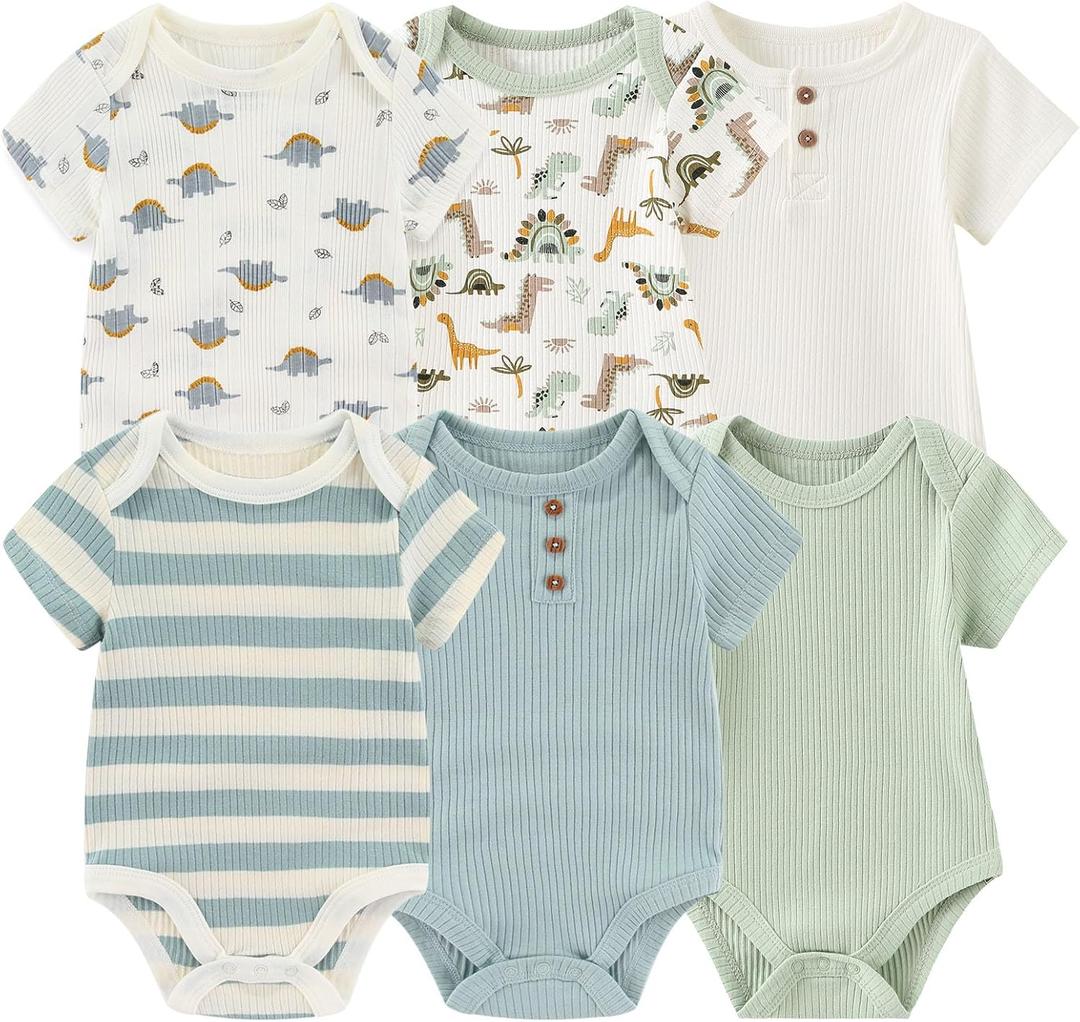 Baby Bodysuit 6 Pack Soft Mixed Ribbed Short Sleeve Romper Infant Boy Girl Clothes Set (3-6 Months, Baby Bodysuit 6-piece Dinosaur/Turtle/Sage Green/Gray Blue)