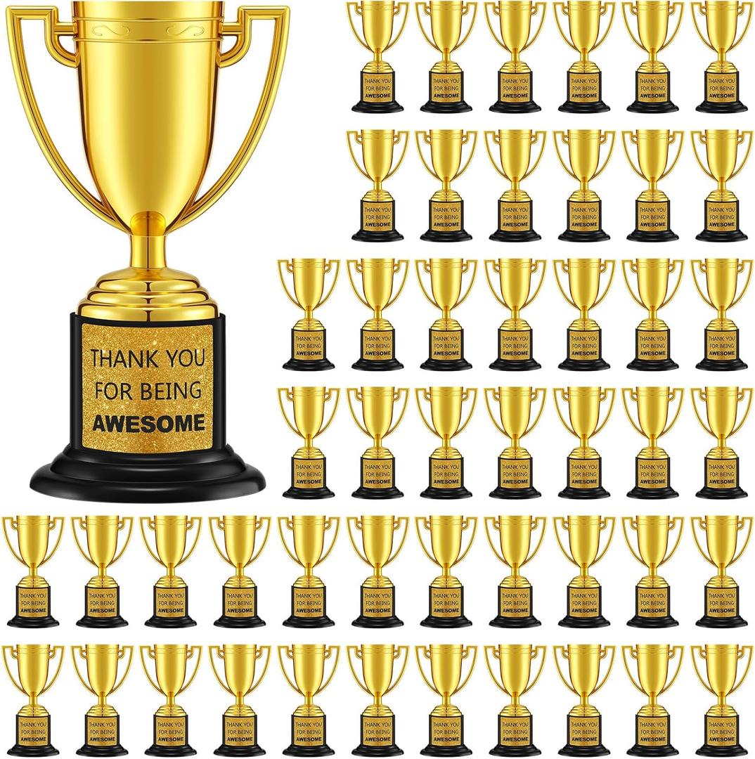Highergo 24 Pcs Mini Trophies Awards Plastic Gold Trophy Cups Party Favors Adults Metal Trophy with Stickers for School Football Basketball Sports Competition Staff Reward Appreciation Gifts