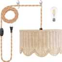 13" Plug in Scalloped Pendant Light, Rattan Hanging Lights with Plug in Cord 15FT Hemp Rope Cord, Dimmable Switch  Indoor Hanging Lamps for Boho Living Room Bedroom (Bulb Included)