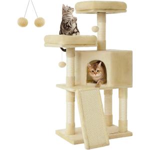 Feandrea Cat Tower, 45.3-Inch Cat Condo with Scratching Post, Ramp, Perch, Spacious Cat Cave, for Kittens, Elderly Cats, Adult Cats, Small Space, Beige UPCT141M01