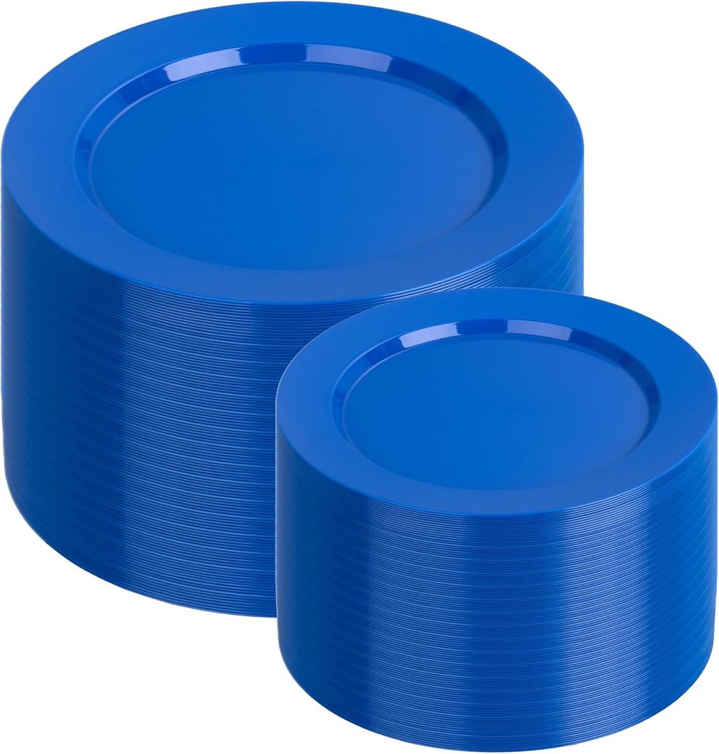 I00000 200 Pcs Plastic Plates, Plates Disposable Blue Party Plates Include 100 Blue Dinner Plate 10’’ and 100 Plastic Dessert Plate 7’’ Perfect for Wedding, Party