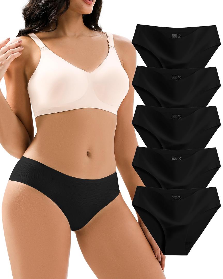 Jaywan Women's Seamless Underwear for Women 5-Pack No Show Panties for Women, Breathable Bikini Underwear for Everyday Wear Black (Black, M)