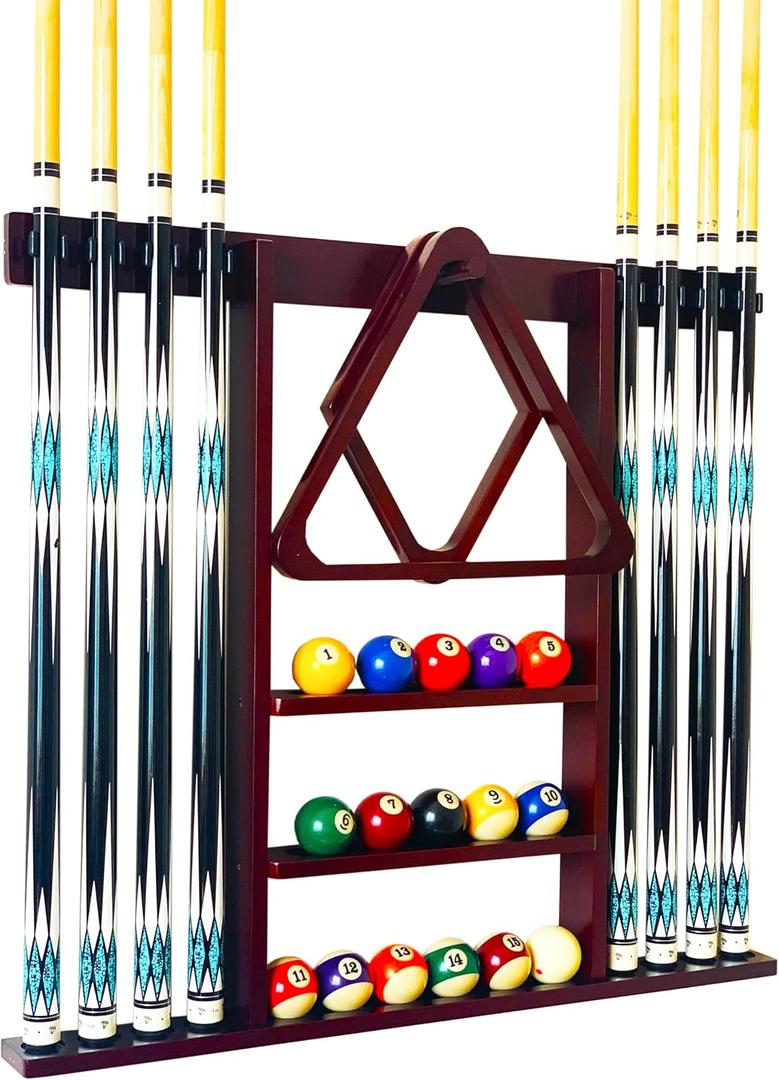 GACCO BILLIARDS Wall Mount Pool Cue Stick Holder Hold 8 Cues, Pool Stick Holder, Billiard Cue Rack For Pool Table Accessories. Pool Table Stick Holder Made Of 100% Solid Wood (Mahogany)