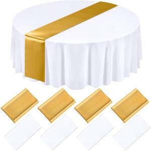 Tudomro 8 Pcs White and Gold Round Plastic Tablecloth and Satin Table Runner Set 84 Inch Round Covers 12 x 108 Inch Table Runners for Wedding Birthday Party Baby Shower Anniversary