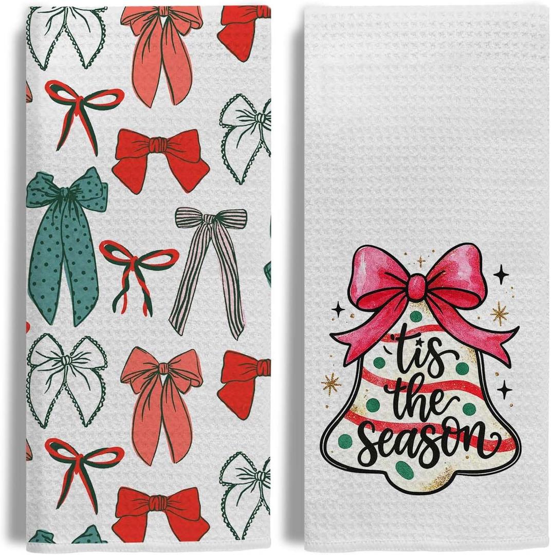 3 x Coquette Red and Green Christmas Bow Kitchen Towels, Preppy Christmas Dish Tea Towel for Kitchen, Girly Xmas Snowflakes Holiday Decorative Hand Towels for Bathroom, 16x24 Inches Set of 2