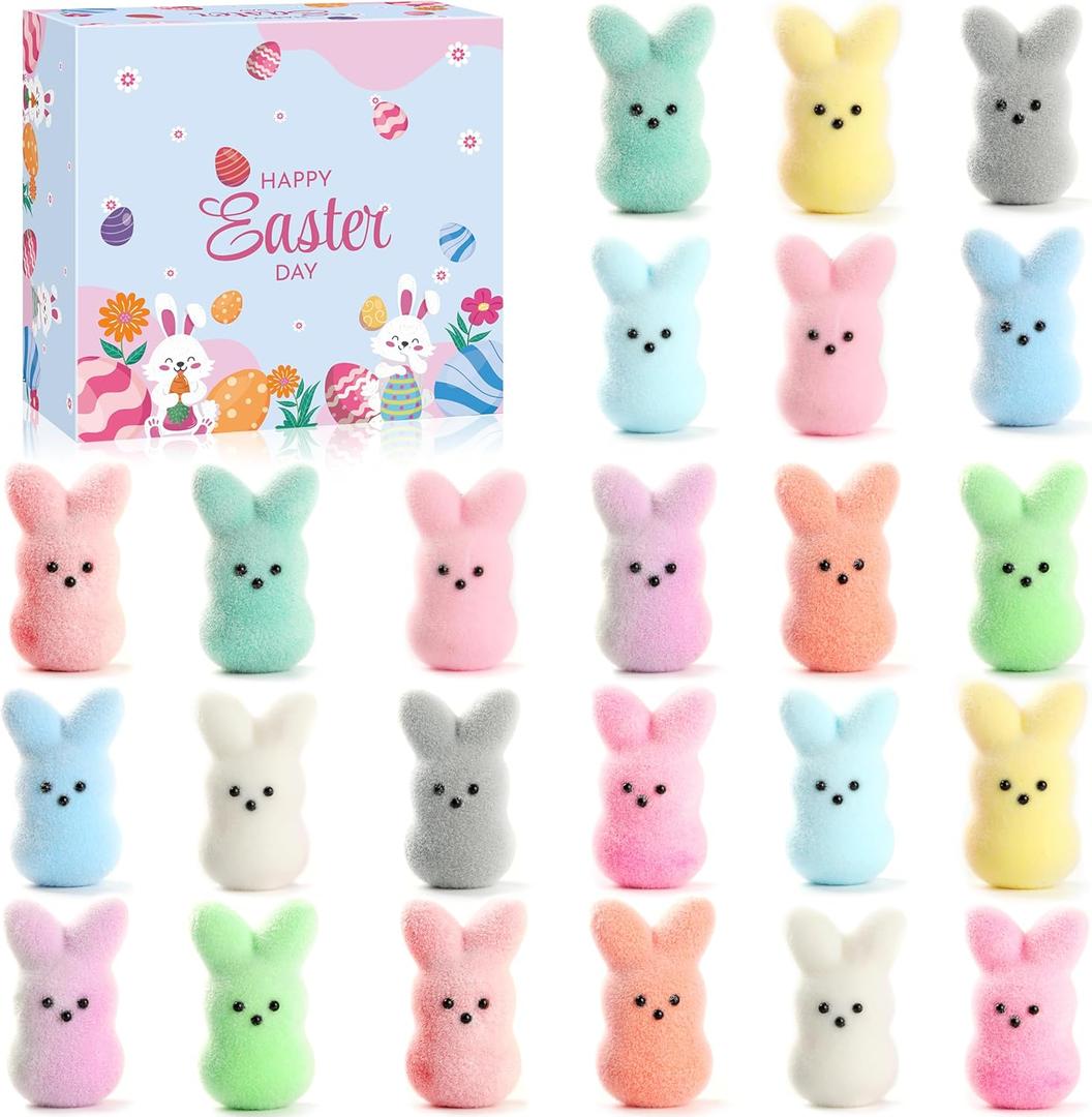 Easter Bunny Figurines Set of 24, Realistic Fuzzy Rabbit Decorations, Easter Basket Stuffers & Home Decor, Gift Kids Adults
