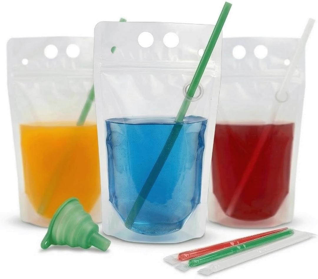 C CRYSTAL LEMON 100PCS Drink Pouches with Side Straw Port, Resealable Drink Bag Set with Straws & Funnel, 17oz Clear Beverage Pouches for Juice, Smoothies, Cocktails & Slushies