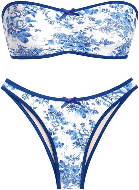 seamoly Sexy Blue Gingham Bow Decor Ruched Backless Lace Up Bandeau Bikini Set Strapless Swimsuits for Women