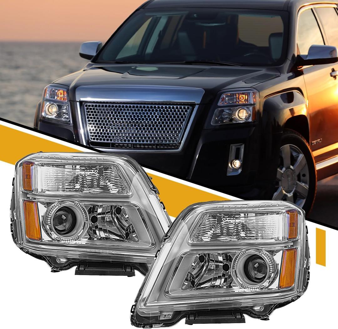 Headlight Assembly Compatible with GMC Terrain 2010 2011 2012 2013 2014 2015, Halogen Headlamp Replacement 84791974 84791975, Set of 2, Bulbs not Included, Clear Lens Amber Reflector Pair