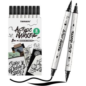 TRANSON 8 Pack Black Brush and Fine Dual-tip Acrylic Paint Marker for DIY Glass Canvas Wood Leather Ceramic Rock Painting
