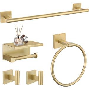 TURS 5-Pieces Brushed Gold Bathroom Hardware Set 23.6 Inch SUS304 Stainless Steel Towel Bar Set Wall Mounted Square Toilet Paper Holder with Shelf
