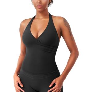 YEOREO Womens Halter Tank Tops Workout Impact Longline Strappy Top Padded Deep V Neck Wrap Gym Backless Bra Camisole (X-Large, Black)