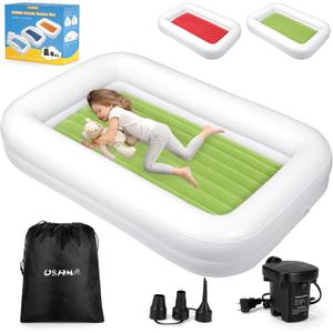 USHMA Toddler Travel Bed [4-Side] | Reversible 2 Colors Kids Air Mattress | Inflatable Toddler Bed | Portable Kids Blow Up Travel Bed with Sides, Red & Green, 65*40*10 inched