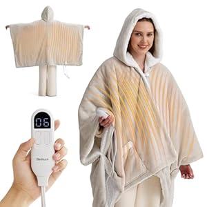 Bedsure Heated Blanket Wearable Shawl - Electric Wrap Poncho Blanket Hoodie for Adult, Winter Gifts for Mom Women Girlfriend, Warm Sherpa Heating Throw, Auto Shut Off, 55x64 inches, Cream