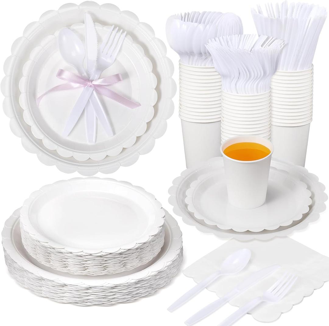Ziliny 350 Pcs White Plates and Napkins, 50 Guest White Party Supplies Include Scalloped Paper Plates Napkins Cups Plastic Spoons Forks Knives Disposable Tableware Set for Weeding Bridal Baby Shower