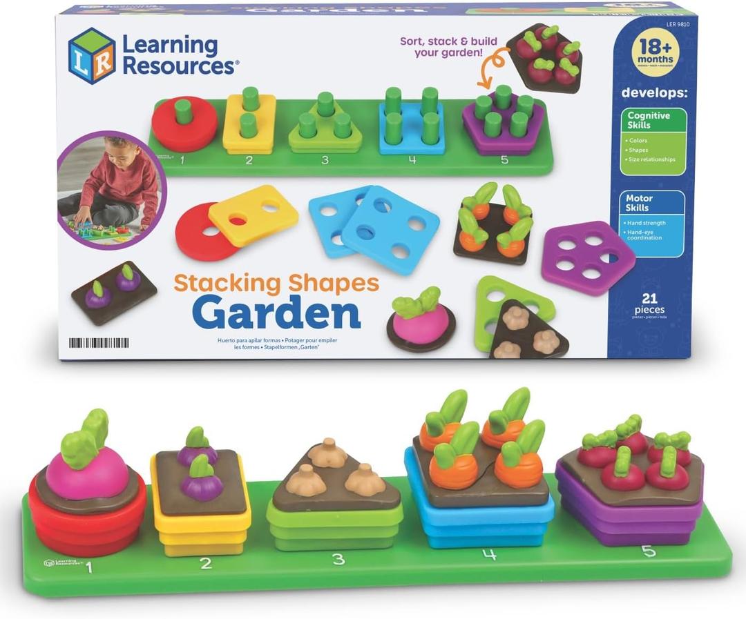 Learning Resources Stacking Shapes Garden, Fine Motor Skills, Stacking and Sorting Puzzle Board, Montessori Toddler Sensory Table Toys, Color Matching, Busy Board, Boy and Girl Gifts
