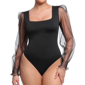 FeelinGirl Long Sleeve Bodysuit Square Neck Shapewear Body Suits Tummy Control Mesh Long Sleeve Bodysuit Going Out Tops (Medium, Black)