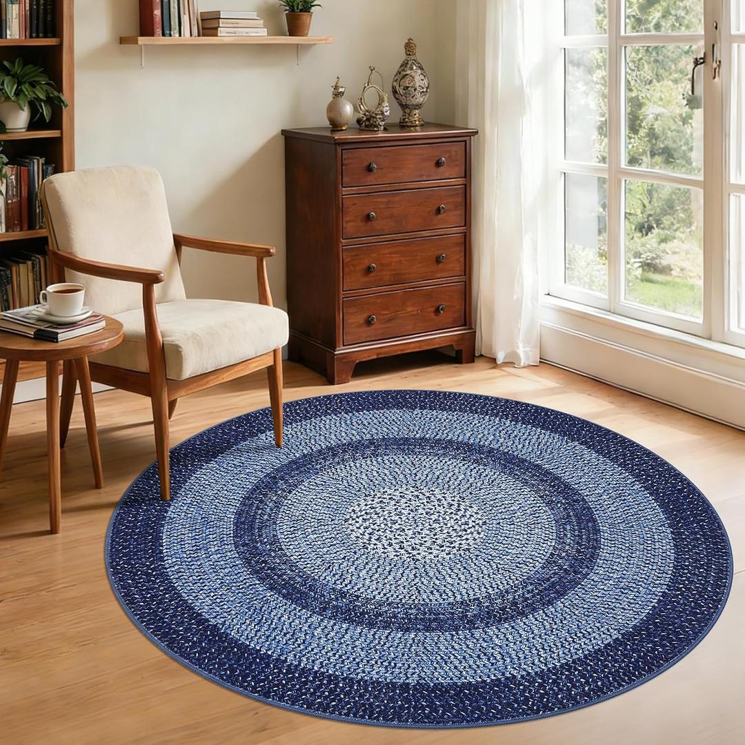 Modern Bordered Round Area Rug 4ft Washable Bedroom Circle Rugs Non Slip Stain Resistant Dining Room Round Throw Carpet Contemporary Circle Mats for Living Room Kitchen Nursery, Navy
