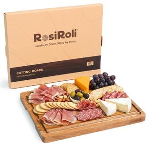 Acacia Wood Cutting Board for Kitchen - 13"x10" Everyday Chopping Board with Handles and Juice Grooves, Soild Wood Serving Tray for Cheese & Meat, Ideal Gift for Housewarming & Christmas