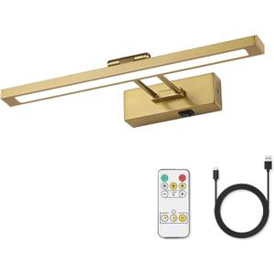 Wireless Picture Light Battery Operated with Remote LED Art Lights for Paintings Rechargeable Dimmable 15.7" Brass Lights Over Pictures on Wall Gold with Swing Arm for Display