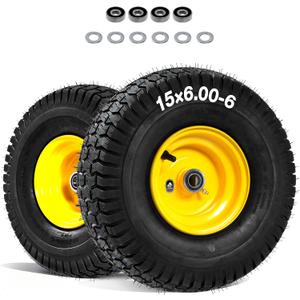 15x6.00-6 Tubeless Lawn Mower Tire and Wheel with 3/4" bearing bore, with 5/8 Bearings & Spacers, for John Deere Mower, Craftsman, Husqvarna Lawn Tractor, 570 lbs Capacity, 4 Ply, 2 Pack