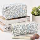 2 Pcs Makeup Bag Travel Cosmetic Bag，Cute Floral Quilted Makeup Bag Set for Women Girls，Cotton Travel Toiletry Zipper Make Up Pouch (Blue Floral)