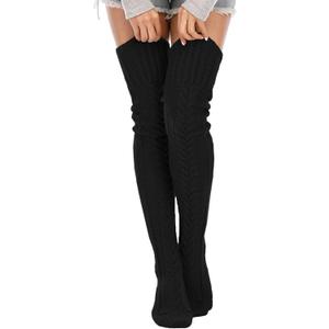 SherryDC Women's Cable Knit Thigh High Socks Winter Boot Stockings Extra Long Over Knee High Leg Warmers (Black)