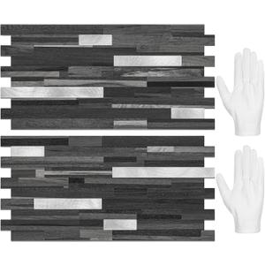 STICKGOO 20 Sheets Peel and Stick Backsplash Tile, Stick on Backsplash for Kitchen and Bathroom, Black Grey Wood Look PVC Mixed Metal Silver Self Adhesive Wall Tiles (Black Grey + Metal Silver)