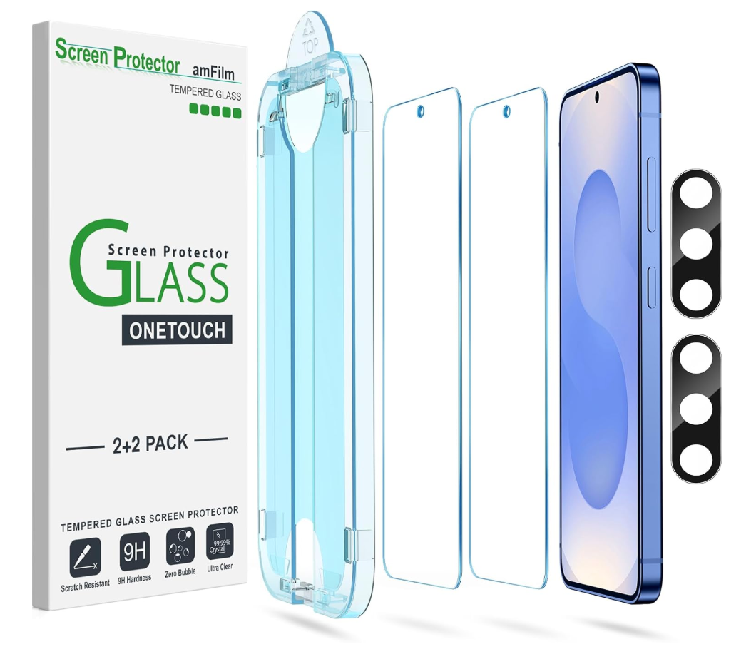 amFilm Autoalignment OneTouch for Samsung Galaxy S25 6.2'' Screen Protector + Camera Lens Protector, Tempered Glass, 30 seconds Installation, Bubble Free, Case Friendly, AntiScratch [2+2 Pack]