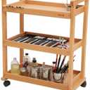 DJAR Rolling Art Supplies Cart, Solid Beech Wood Art Supply Organizert with Caster Wheels, Utility Cart for Adults, Artists, (Natural, Basic)