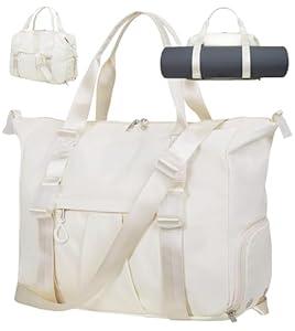 Gym Bag with Yoga Mat Holders, Carry On for Pilates Women & Men with Laptop & Shoe Compartment Large Duffle Travel Weekender Tote with Key Ring Clip Personal Item Workout, Easy to Clean - Beige