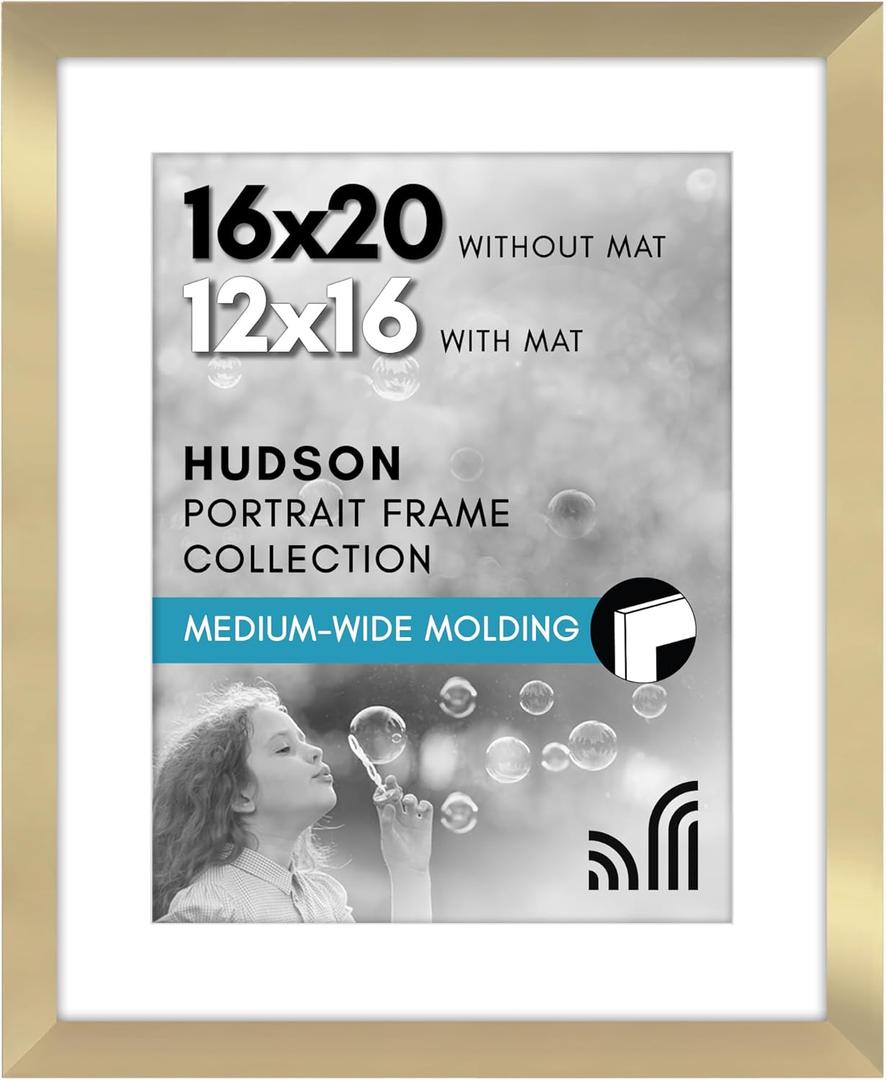 Americanflat 16x20 Picture Frame with Polished Plexiglass - Use as 12x16 Frame with Mat or Display 16x20 Photo Without Mat - Hudson Collection - Wide Picture Frames for Wall Display - Gold