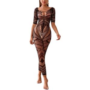 Women Sexy Crotchless Underwear Hollow Lingerie Bodysuit Babydoll Mesh Teddy Sleepwear Tights Bodystocking, One Size  (Black)