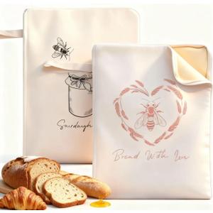 WiNDANCE Wide Zipper Access Beeswax Bread Bags for Homemade Bread - 2 Packs XL Reusable Organic Beeswax Linen Cotton Sourdough Bag, Homesteading Essentials Sourdough Bags with Zip to Keep Fresh (White - Little Bee)