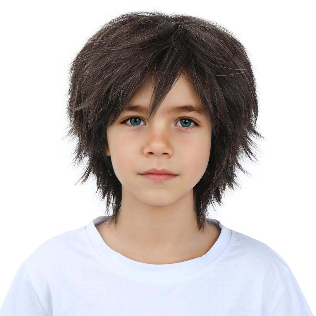 PATTNIUM Boys Light Brown Short Straight Wig with Side Bangs Costume Wig