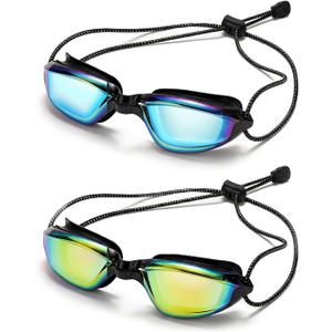 Aegend Swimming Goggles with Adjustable Bungee Strap, No Leak Anti-Fog UV Protection Mirrored Swim Goggles for Adults
