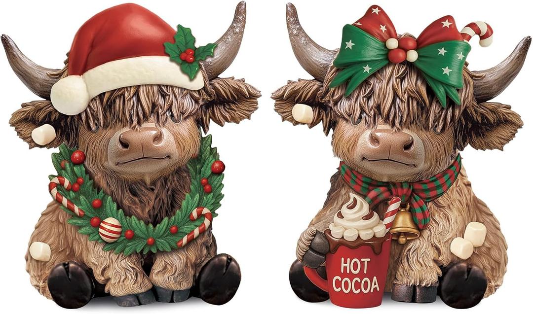 Karenhi 2 Pcs Highland Cow Figurines Christmas Hot Cocoa Highland Cow Gnomes Scottish Resin Statue Calf Lovers Gifts for Xmas Home Garden Kitchen Office Tiered Tray Table Decor