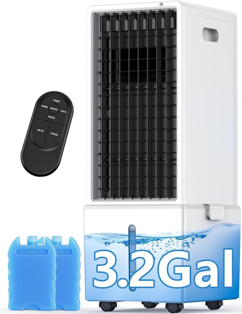 COOLECH 4-IN-1 Portable Air Conditioners w/3.2-Gal Tank for 24H Cooling, 4 Powerful Wind Speeds & 4 Modes, LED Touch Screen, Waterless Alert System & 12H Timer, Remote, Evaporative Air Cooler for Home