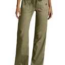 Flamingals Low Rise Cargo Wide Leg Pants for Women Drawstring Flap Pockets Y2K Bow Tie Casual Flare Pants Olive M