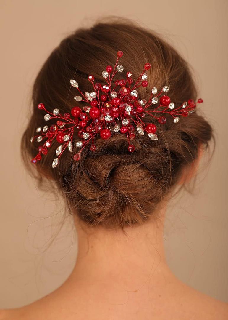 Rumtock Small Cute Crystal Side Hair Comb for Wedding Brides Women Red Pearl Beads Hair Accessories (Red)